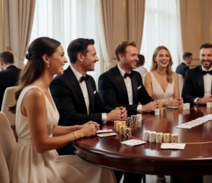 Luxusní pokerový večer s usměvavými hosty u elegantně prostřeného stolu