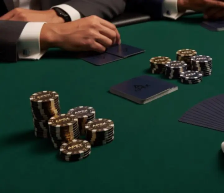 Detail elegantně připravených pokerových stolů se žetony a kartami