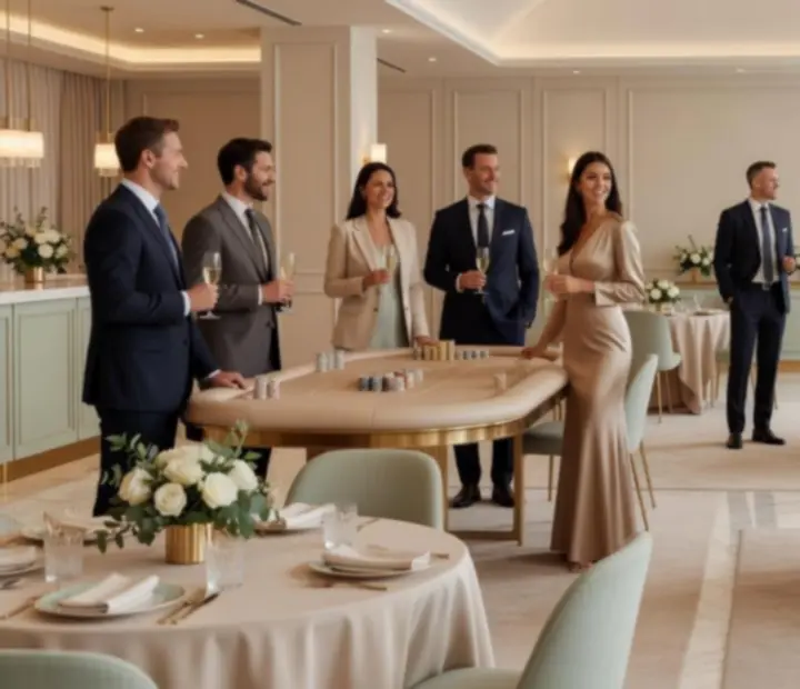 Elegantně vyzdobený kasinový event s hosty u tematických stolů